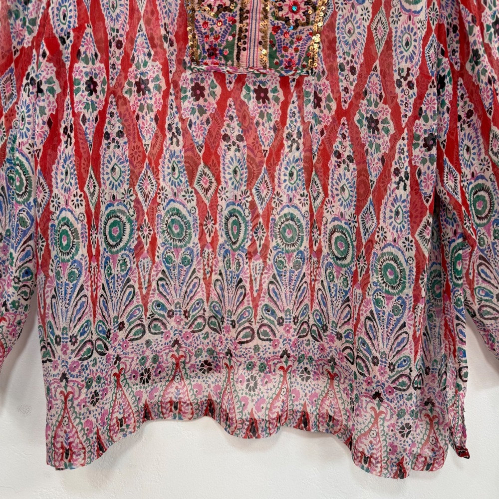 NY Collection 100% Silk Sequin Tunic Blouse Sheer Resort Top Boho Paisley Small - Picture 3 of 11